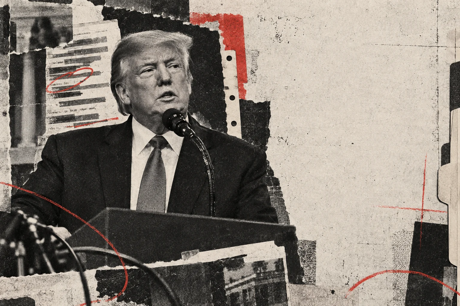 Halftone editorial collage of Donald Trump speaking at a press podium among transcript pages
