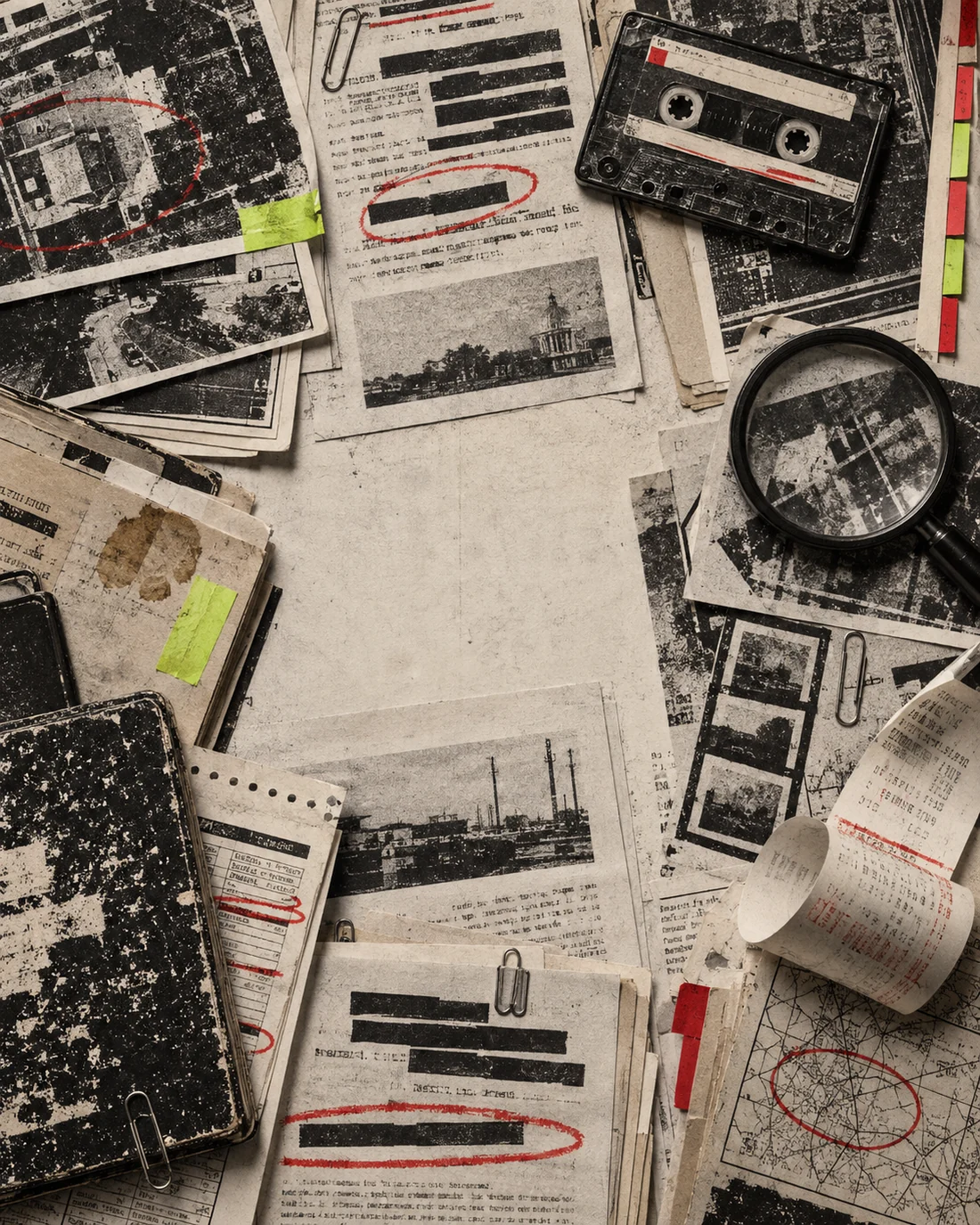 Photocopied research desk with reports, index tabs, cassette tape, redactions, and a magnifying glass
